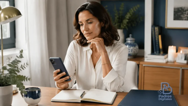 Madre revisando una notificación de Instagram junto a una libreta con relieve de Padres Digitales