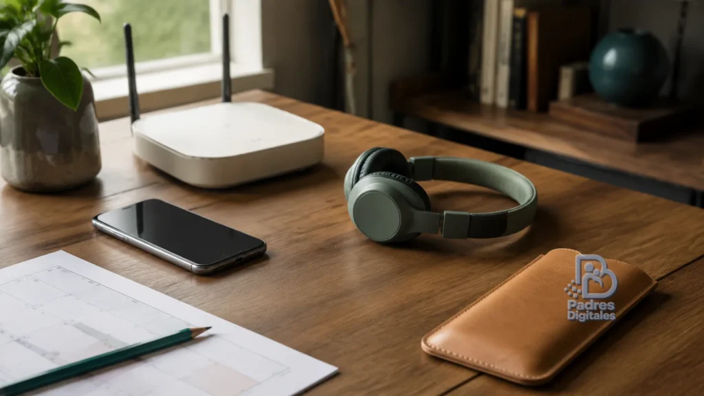 Teléfono Android, router y funda de cuero con relieve de Padres Digitales