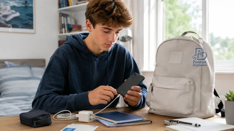 Adolescente configurando un teléfono junto a una mochila con el logotipo de Padres Digitales