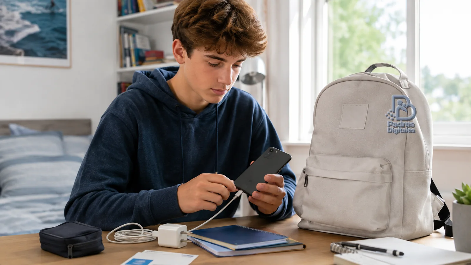 Adolescente configurando un teléfono junto a una mochila con el logotipo de Padres Digitales