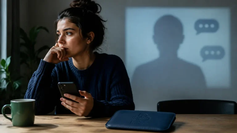 Joven adulta preocupada ante un perfil anónimo proyectado mientras sostiene un teléfono