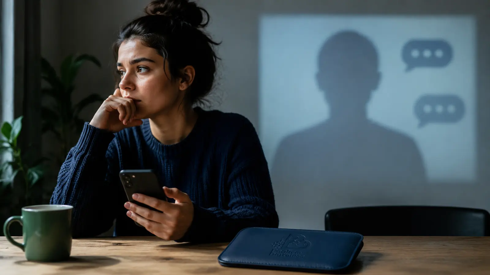 Joven adulta preocupada ante un perfil anónimo proyectado mientras sostiene un teléfono