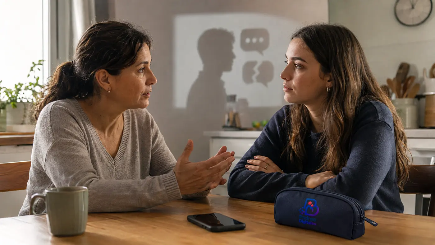 Madre e hija adulta conversando frente a la sombra de un perfil anónimo, con el logotipo bordado en un estuche