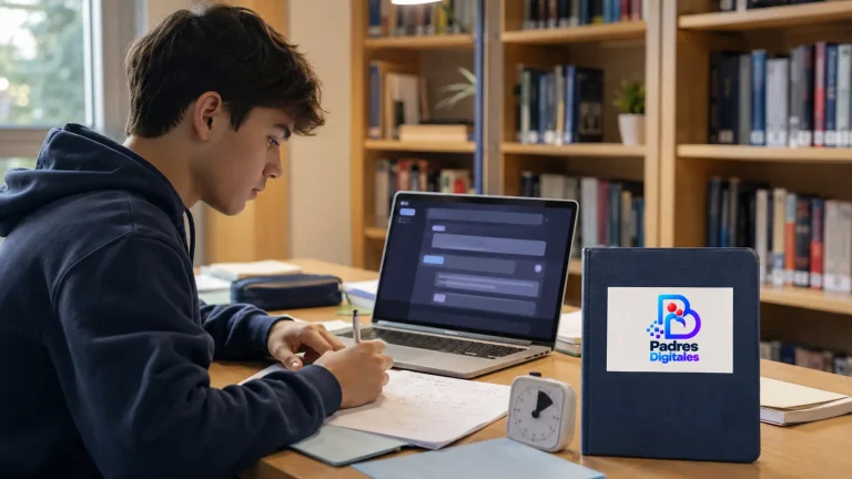 Adolescente estudiando con un portátil y una libreta con el logotipo de Padres Digitales