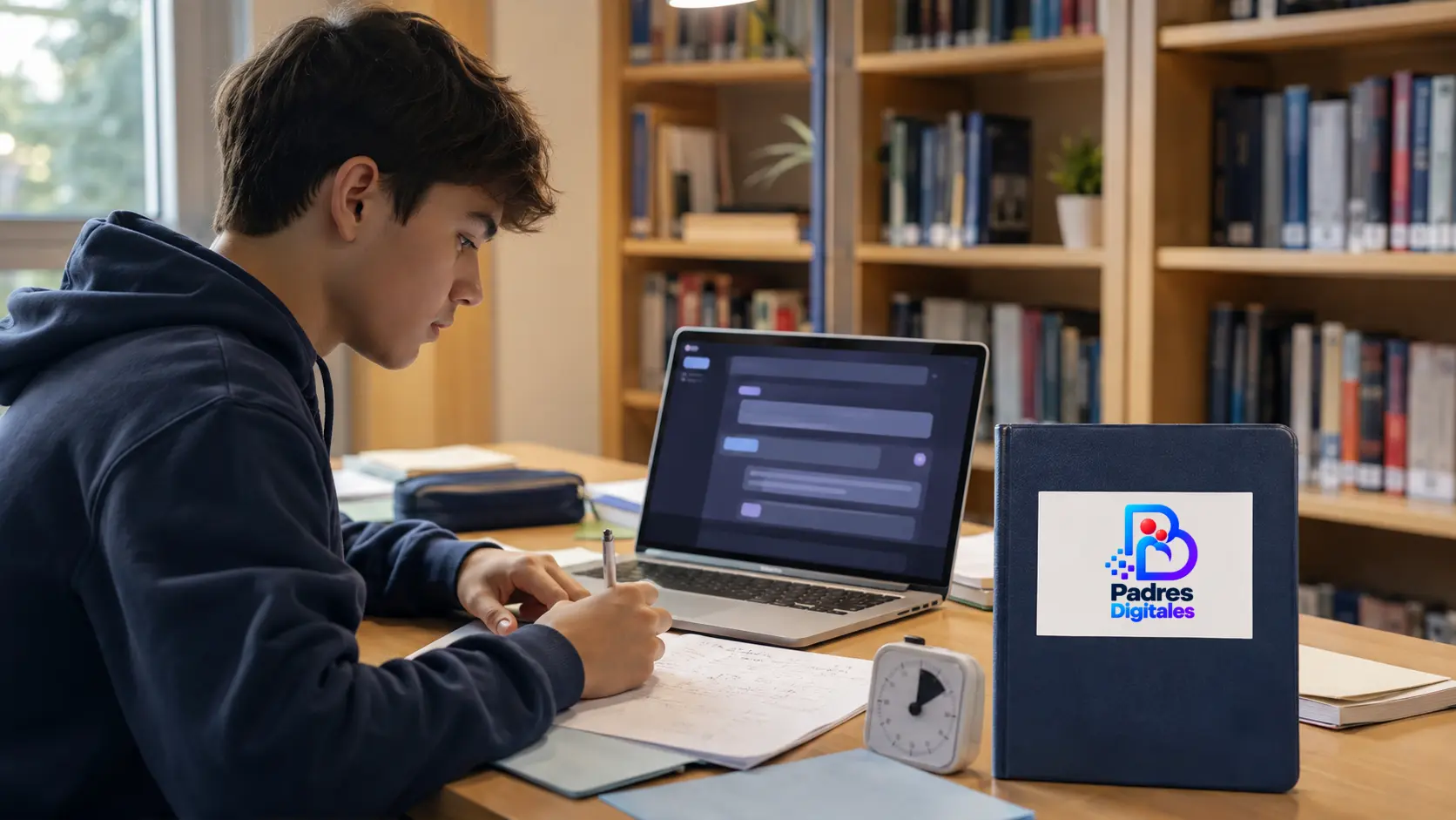 Adolescente estudiando con un portátil y una libreta con el logotipo de Padres Digitales