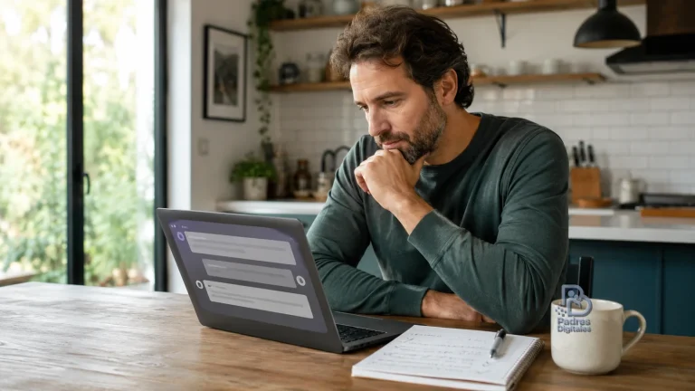 Padre revisando una respuesta de inteligencia artificial junto a una taza con el logotipo de Padres Digitales