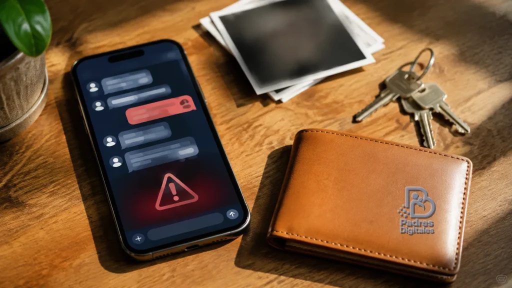 Móvil con conversación sospechosa junto a una cartera con relieve de Padres Digitales