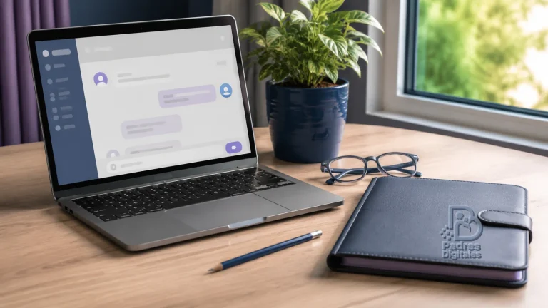 Portátil con interfaz de chat y agenda de cuero con relieve de Padres Digitales