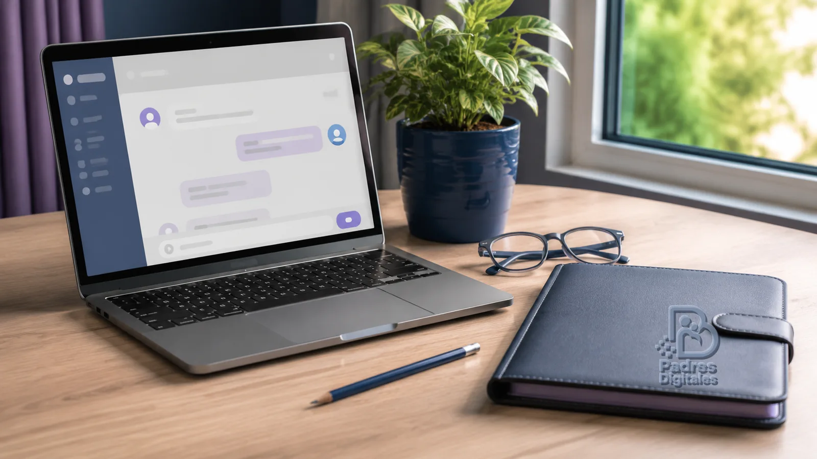 Portátil con interfaz de chat y agenda de cuero con relieve de Padres Digitales