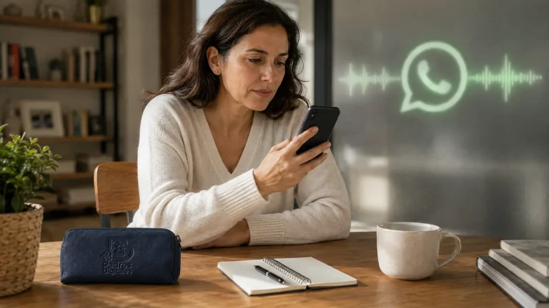 Madre escuchando un audio sospechoso con una onda de voz y el símbolo de WhatsApp proyectados al fondo