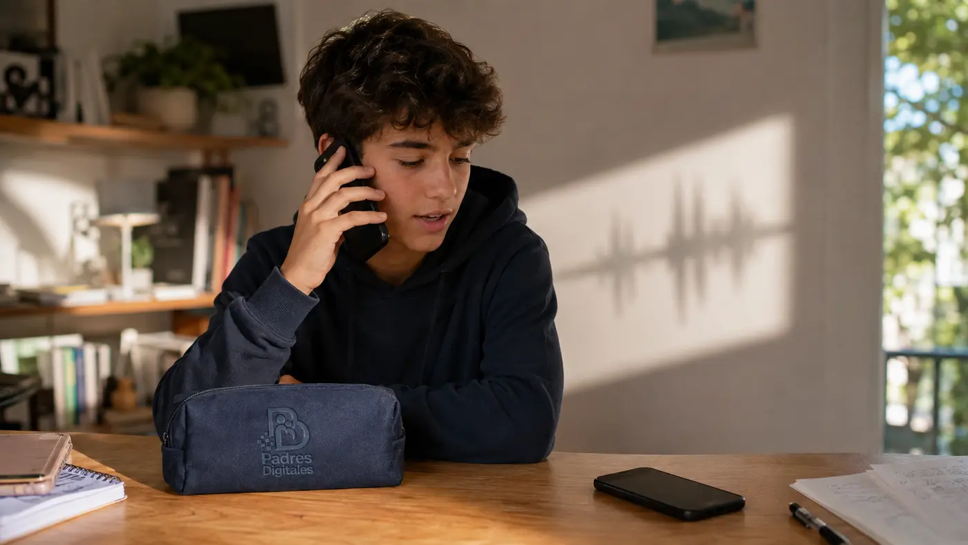 Adolescente verificando una llamada mientras una onda de audio aparece como sombra, con el logotipo bordado en un estuche
