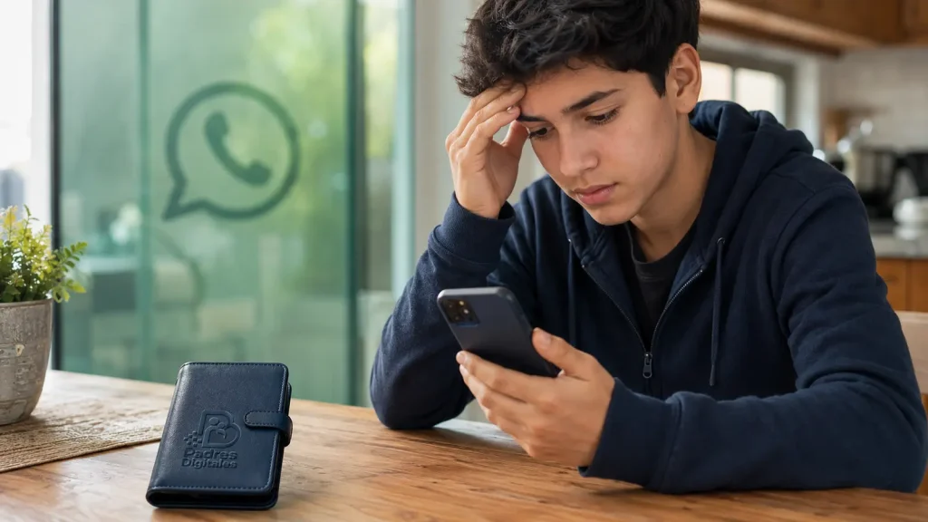 Adolescente preocupado ante un intento de robo de su cuenta de WhatsApp