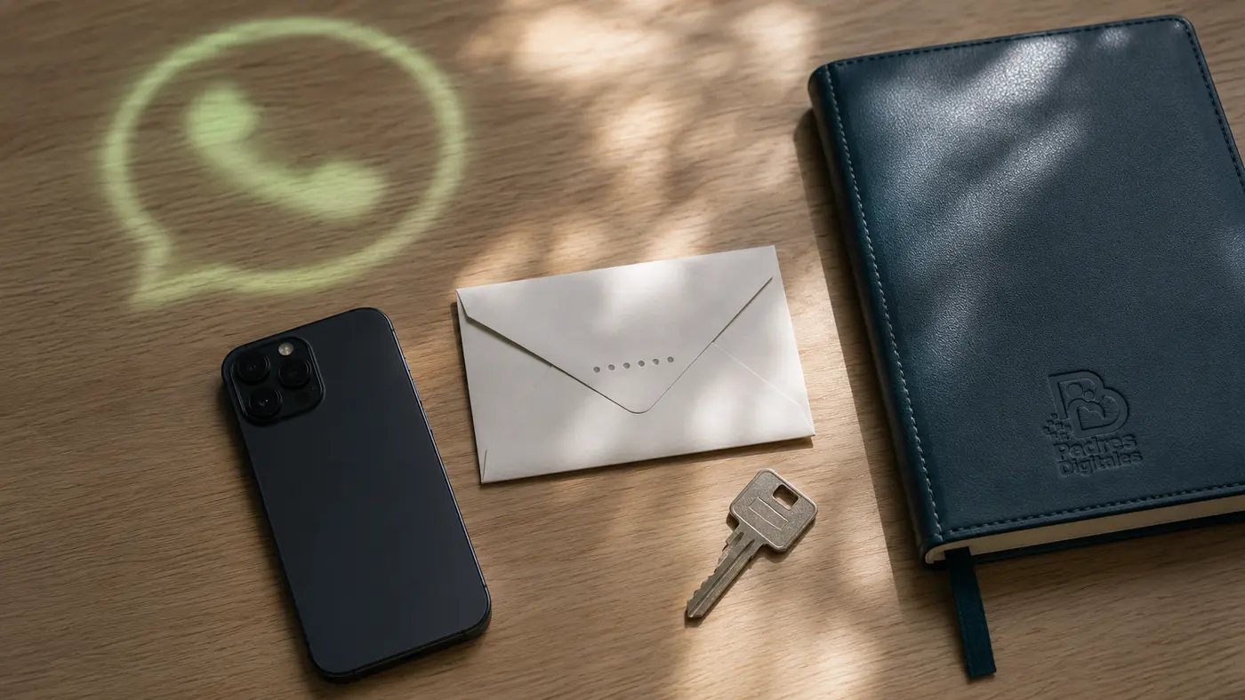 Teléfono, sobre cerrado y libreta de cuero que representan el carácter privado del código de WhatsApp