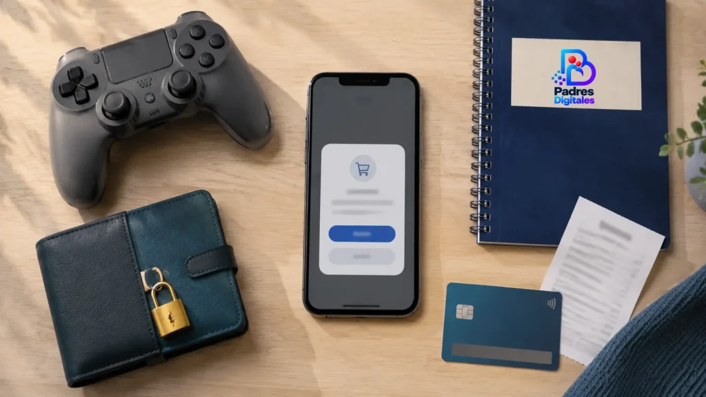 Teléfono con solicitud de compra, mando, cartera cerrada y logotipo de Padres Digitales