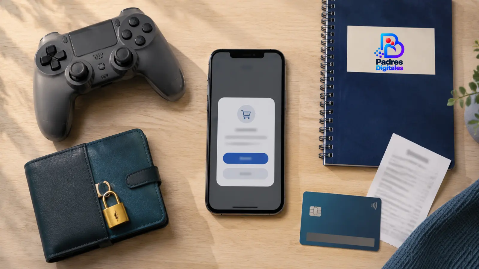 Teléfono con solicitud de compra, mando, cartera cerrada y logotipo de Padres Digitales