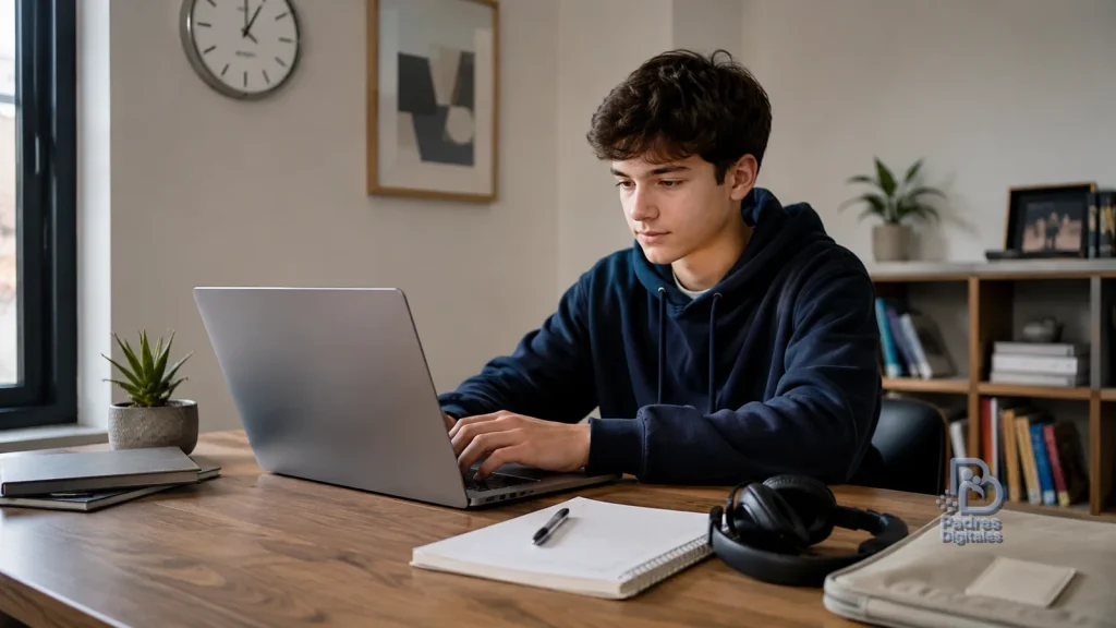 Adolescente usando un portátil junto a una mochila con el logotipo de Padres Digitales