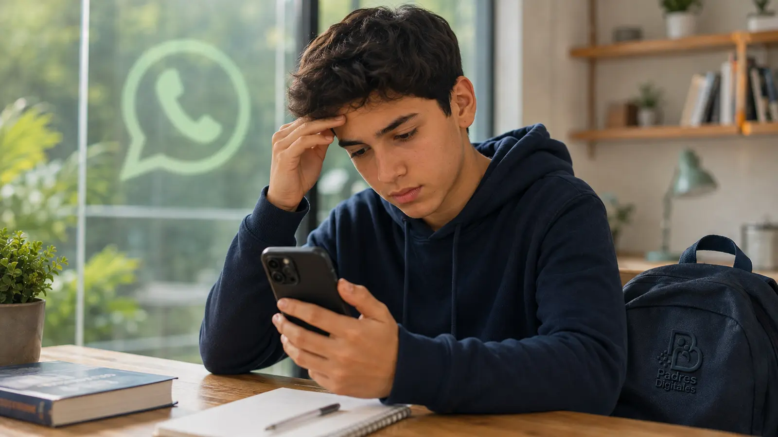 Adolescente desconcertado ante un mensaje enviado desde una cuenta de WhatsApp conocida