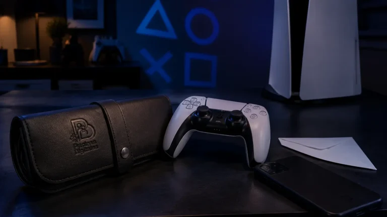 Mando y consola de videojuegos junto a un móvil y un sobre de seguridad, con símbolos de PlayStation al fondo