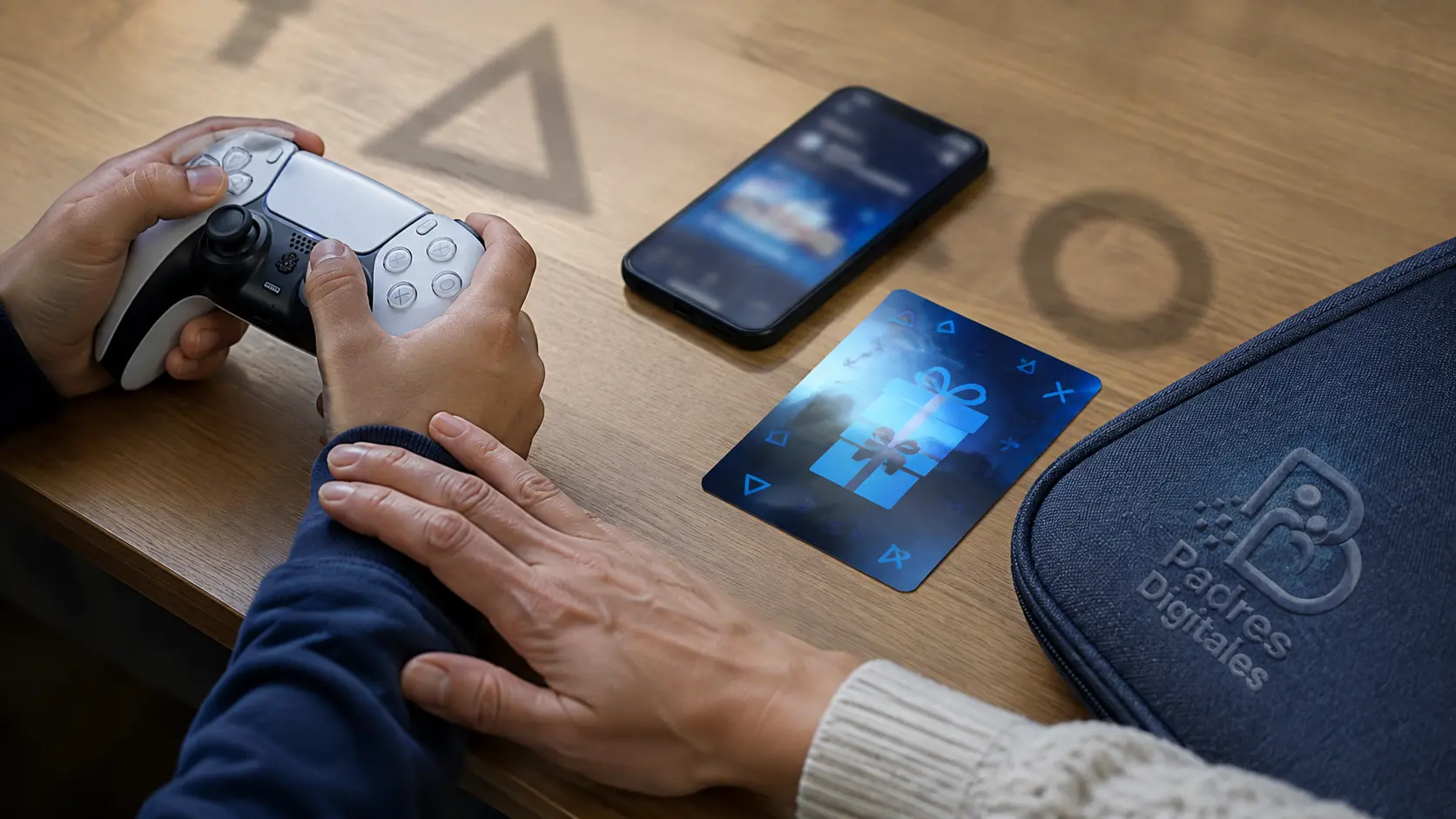 Una persona adulta detiene una tarjeta de recompensa sospechosa mientras un menor sostiene un mando de PlayStation