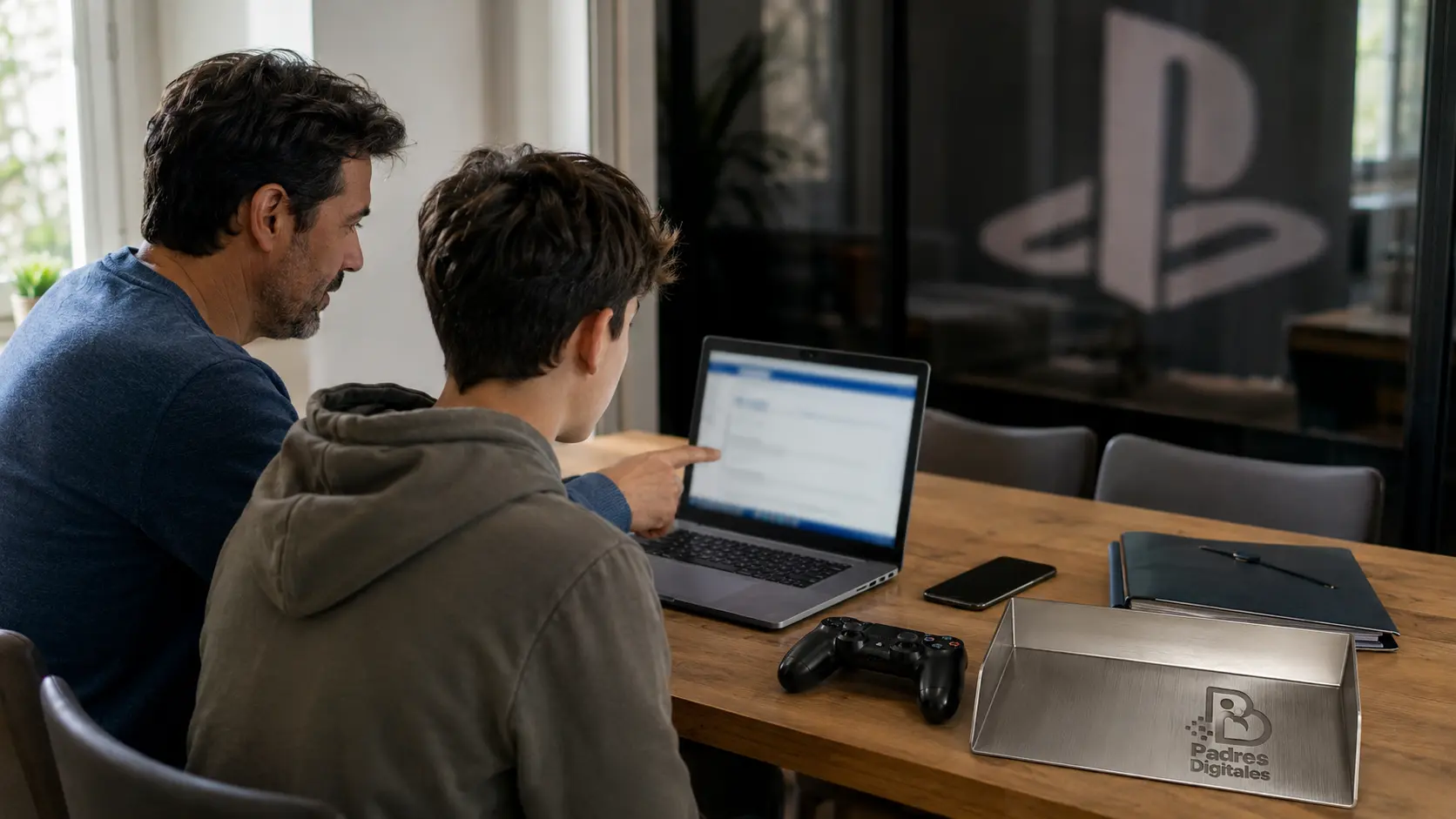 Padre e hijo revisan juntos un aviso de seguridad de PlayStation en un ordenador