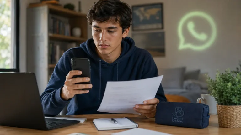 Joven revisando una oferta laboral sospechosa con símbolos de WhatsApp y empleo al fondo