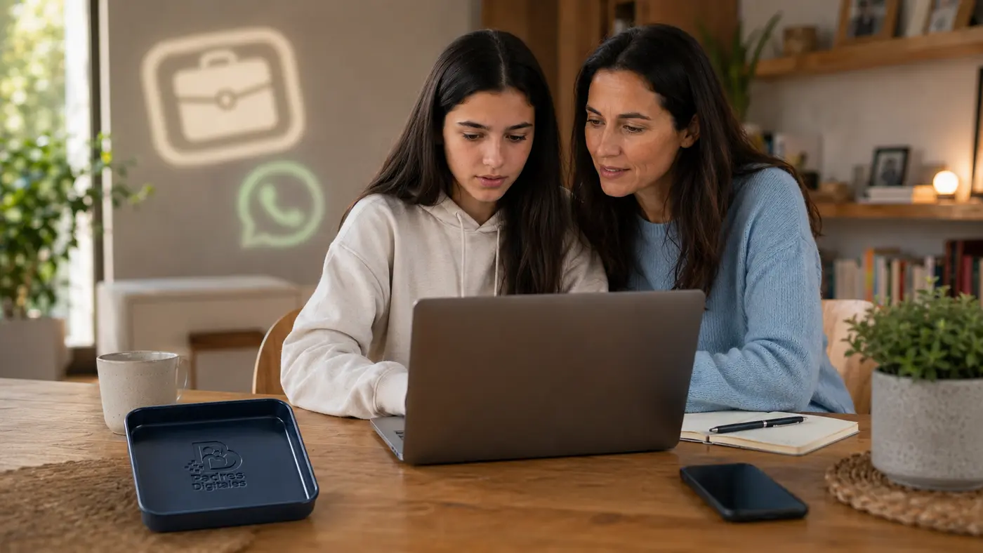 Madre y joven verificando una oferta de empleo en un portátil con símbolos ambientales de WhatsApp y trabajo, y el logotipo grabado en una bandeja