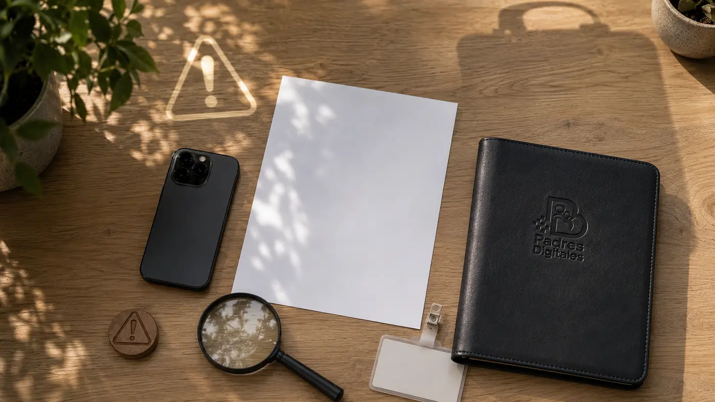 Currículum sin datos, teléfono y lupa bajo símbolos de advertencia y empleo, con el logotipo grabado en una carpeta de cuero