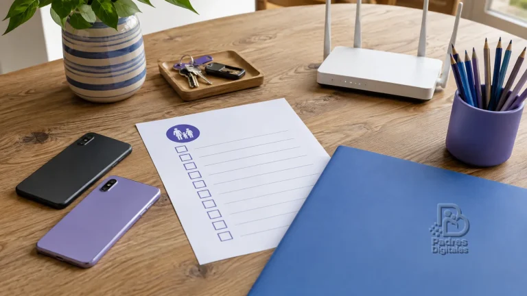 Mesa familiar con dispositivos, lista de seguridad y carpeta azul con relieve de Padres Digitales