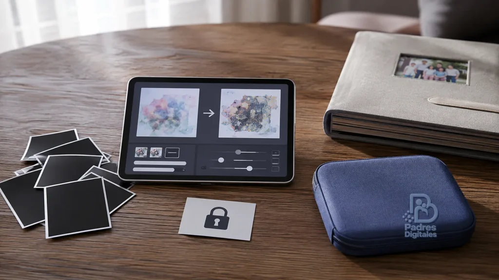 Tableta de edición, fotografías boca abajo y estuche azul con relieve de Padres Digitales