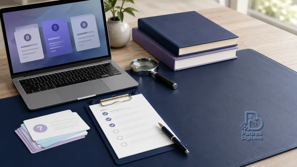 Ordenador, libros y superficie de escritorio con relieve de Padres Digitales para verificar respuestas de IA