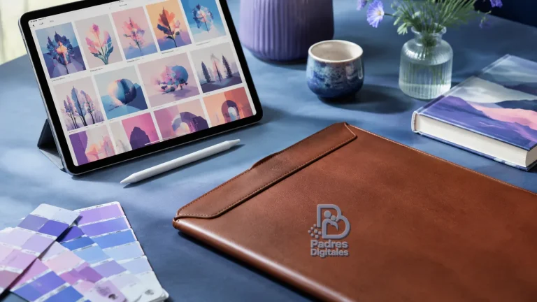 Mesa creativa con tableta y funda de cuero con relieve de Padres Digitales