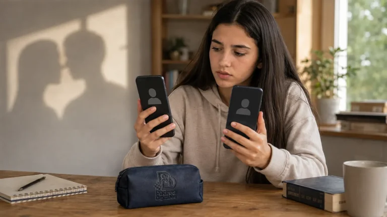 Joven comparando dos perfiles en teléfonos bajo una sombra de identidad duplicada