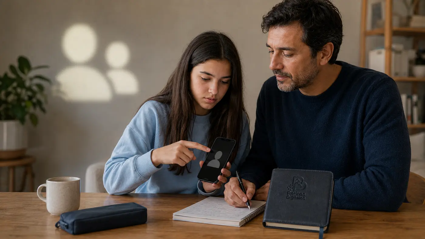 Padre e hija documentando un perfil falso proyectado como doble silueta, con el logotipo de Padres Digitales en relieve sobre una carpeta