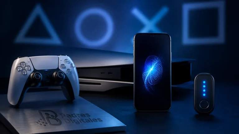 Mando y consola de PlayStation junto a un móvil con huella y un dispositivo de verificación, sobre una base con la marca Padres Digitales