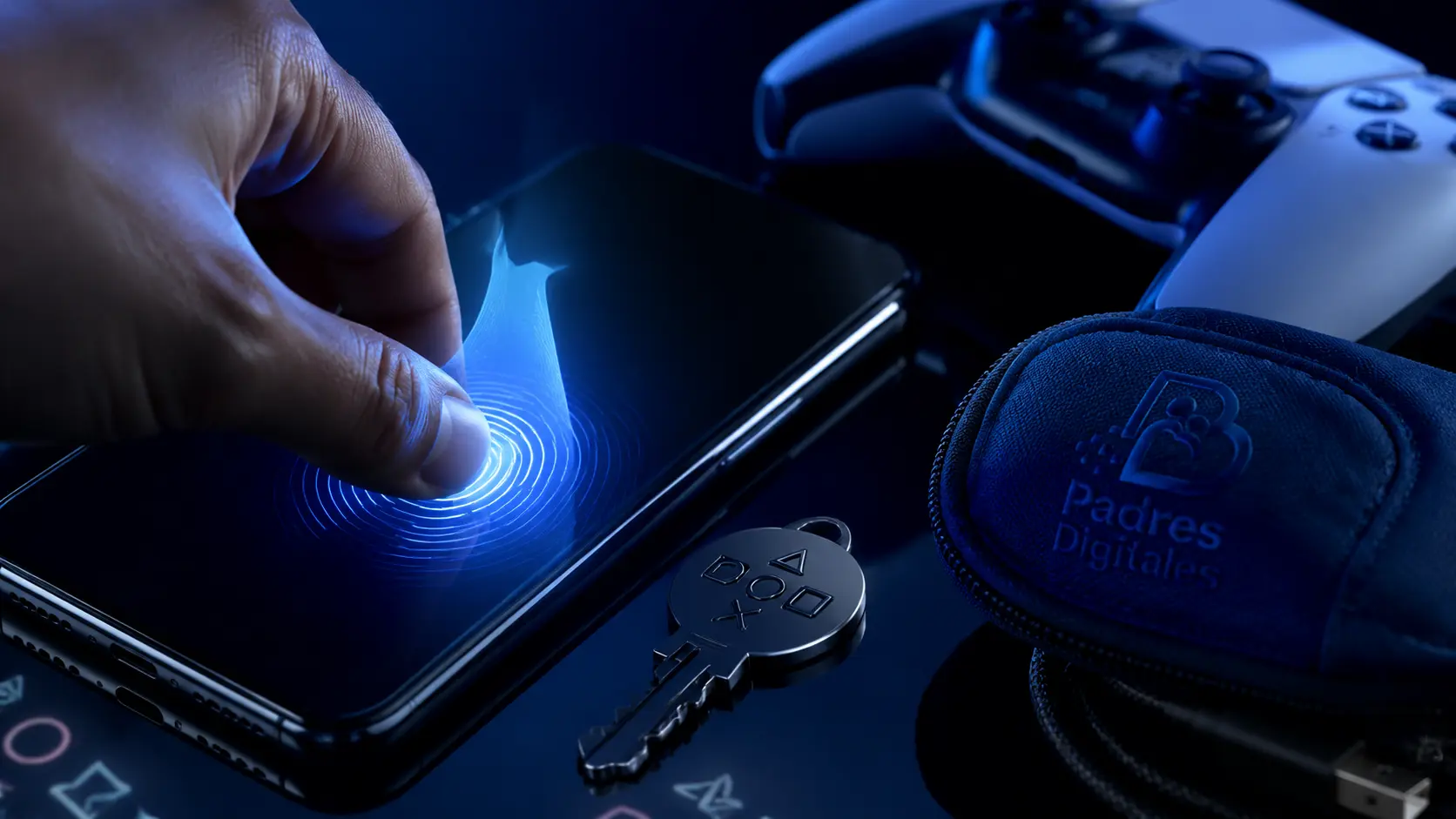 Una mano desbloquea con huella un móvil junto a un mando y una llave con símbolos de PlayStation