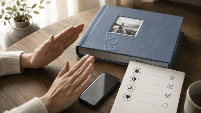 Adulto protegiendo un álbum familiar con relieve de Padres Digitales antes de compartir una foto