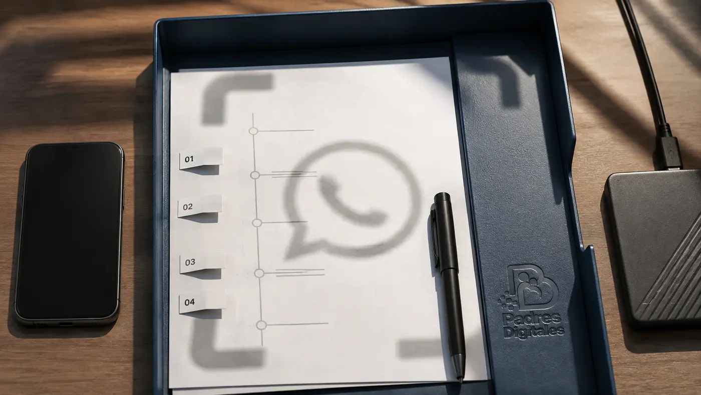 Teléfono y documentos ordenados cronológicamente bajo una sombra de WhatsApp, con el logotipo grabado en una bandeja