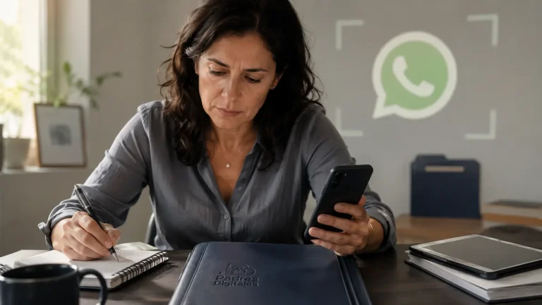 Mujer documentando una conversación sospechosa con símbolos de WhatsApp y evidencia proyectados