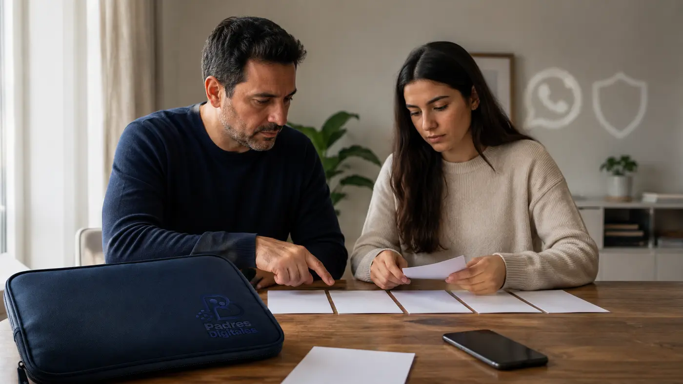 Padre e hija adulta organizando documentos de una estafa con símbolos de WhatsApp y protección al fondo, y el logotipo bordado en un estuche