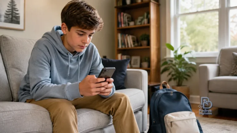 Adolescente revisando ajustes de una red social junto a una mochila con el logotipo de Padres Digitales