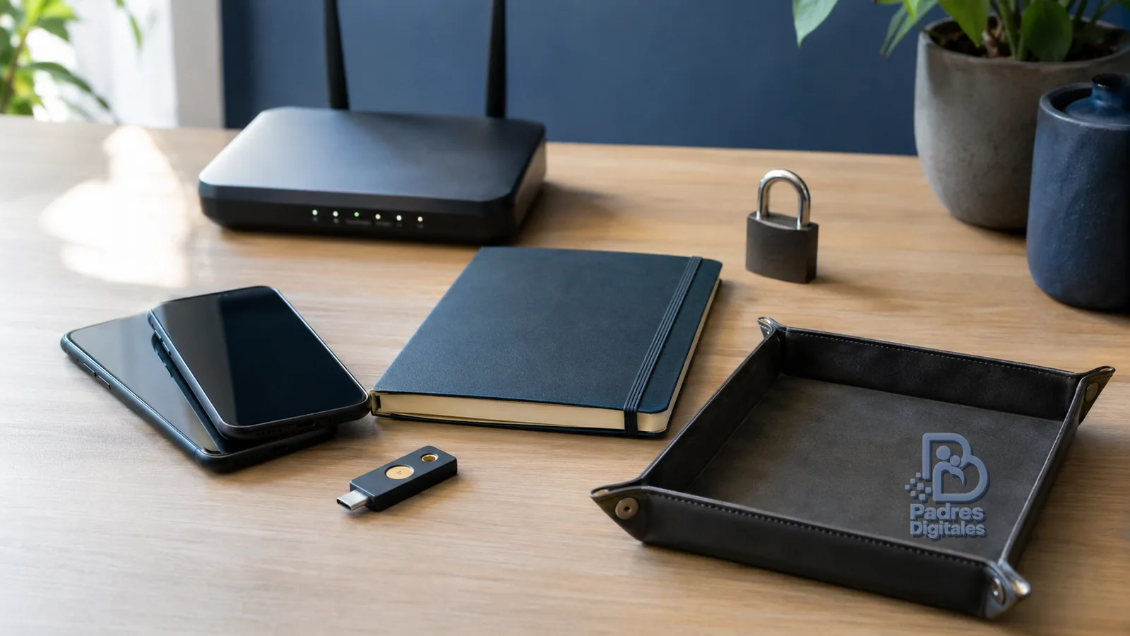 Dispositivos y llave de seguridad junto a una bandeja con relieve de Padres Digitales