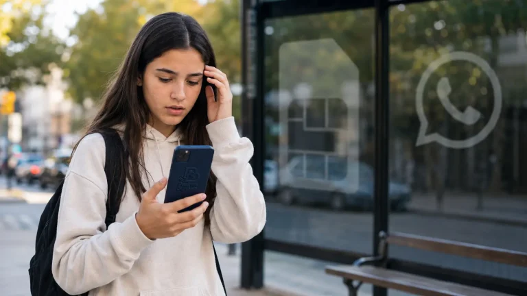 Adolescente comprobando un móvil que ha perdido repentinamente la cobertura