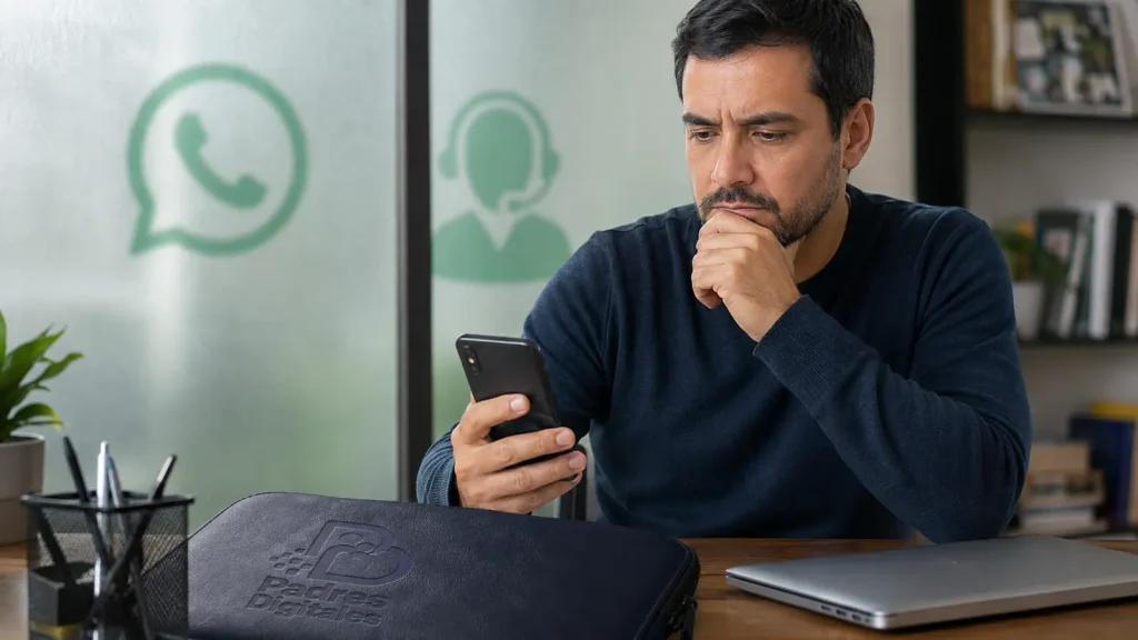 Hombre comprobando un contacto sospechoso con símbolos ambientales de WhatsApp y soporte técnico