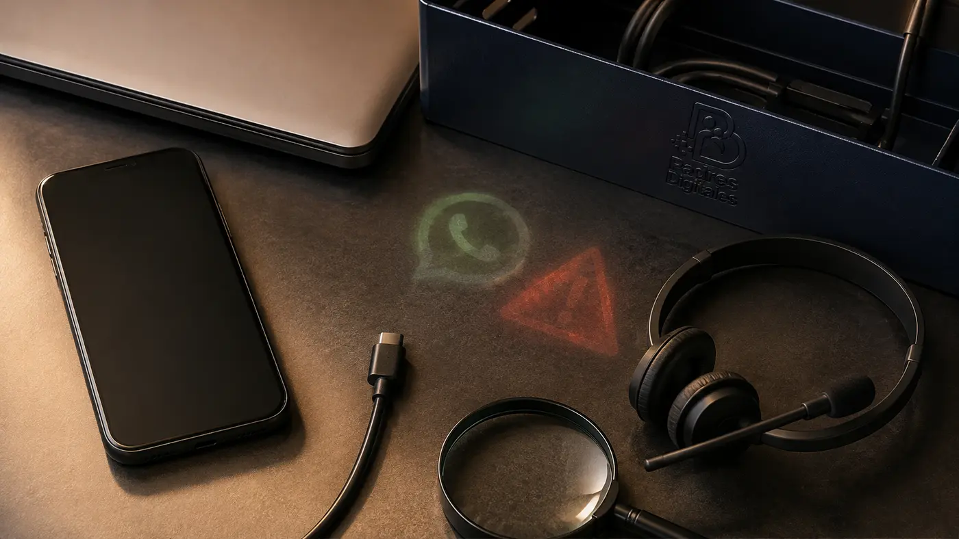 Teléfono, auriculares y cable bajo símbolos ambientales de WhatsApp y advertencia, con el logotipo grabado en una bandeja