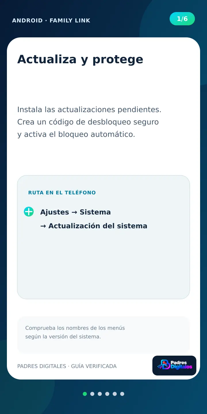 Paso 1 de Family Link dentro de un móvil Android: actualizar y proteger el dispositivo
