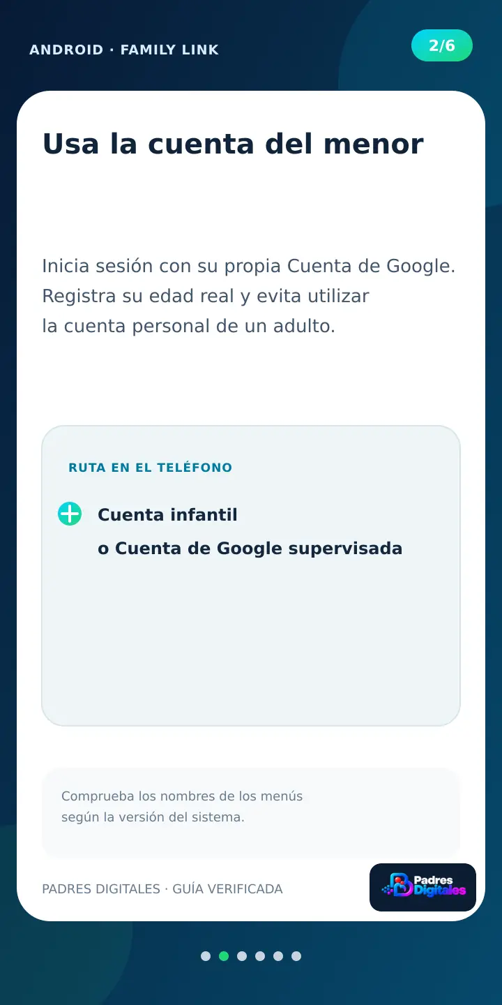 Paso 2 de Family Link dentro de un móvil Android: utilizar una Cuenta de Google del menor