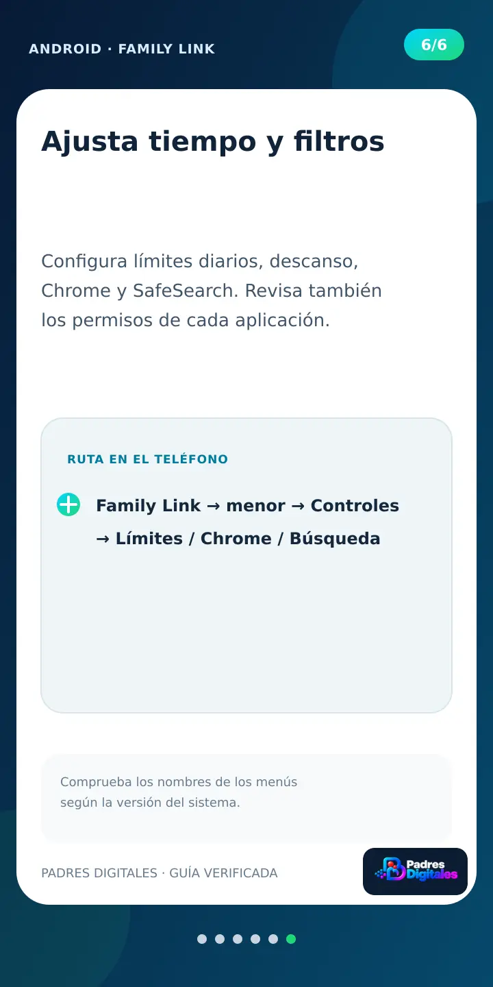 Paso 6 de Family Link dentro de un móvil Android: ajustar tiempo y filtros