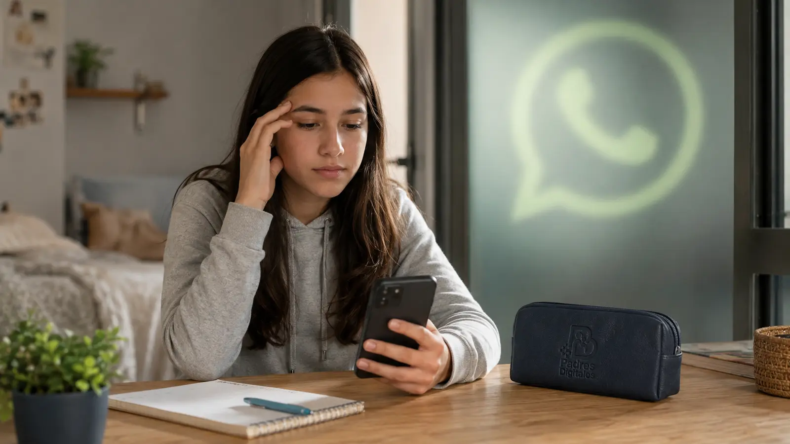 Adolescente deteniéndose ante un mensaje urgente de WhatsApp