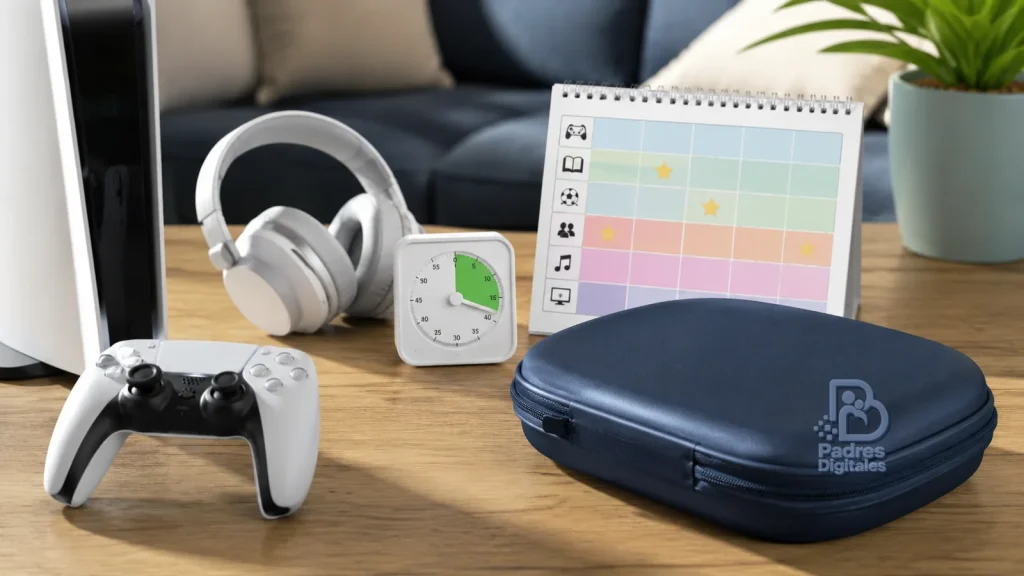 Mando, auriculares y estuche de consola con relieve de Padres Digitales