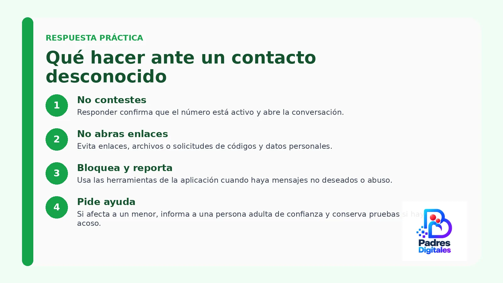 Pasos que debe seguir un adolescente ante un contacto desconocido en WhatsApp